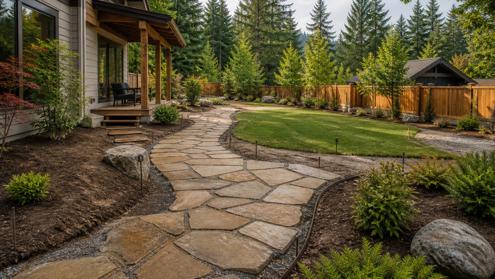 Stone path and hardscape work through a planted yard.